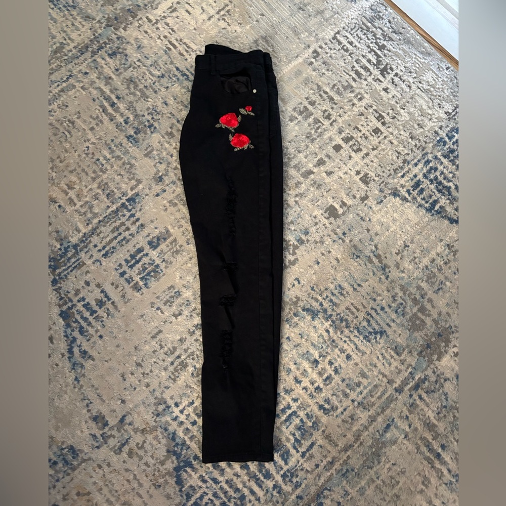 Black Jeans with Red Floral Embroidery